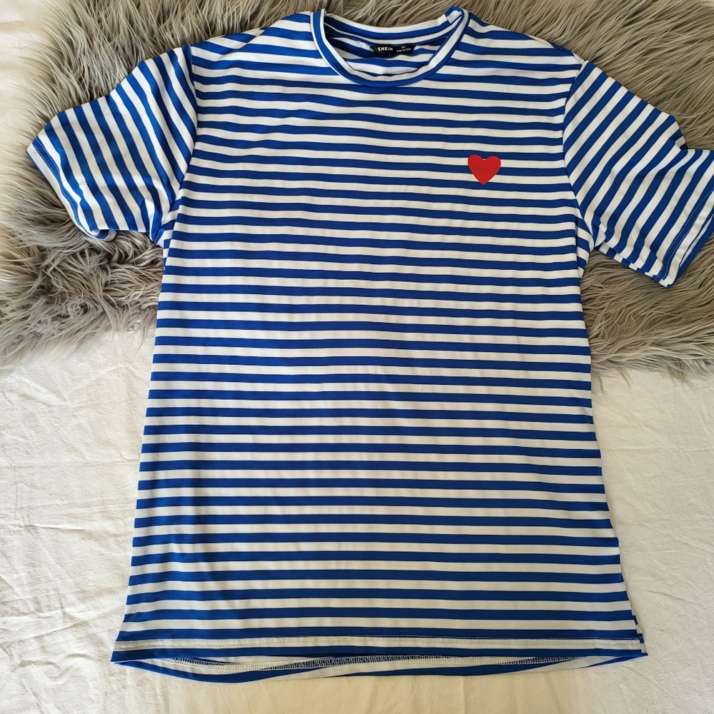 Women T-Shirt Strip Blue and White Heart Top Shein Large